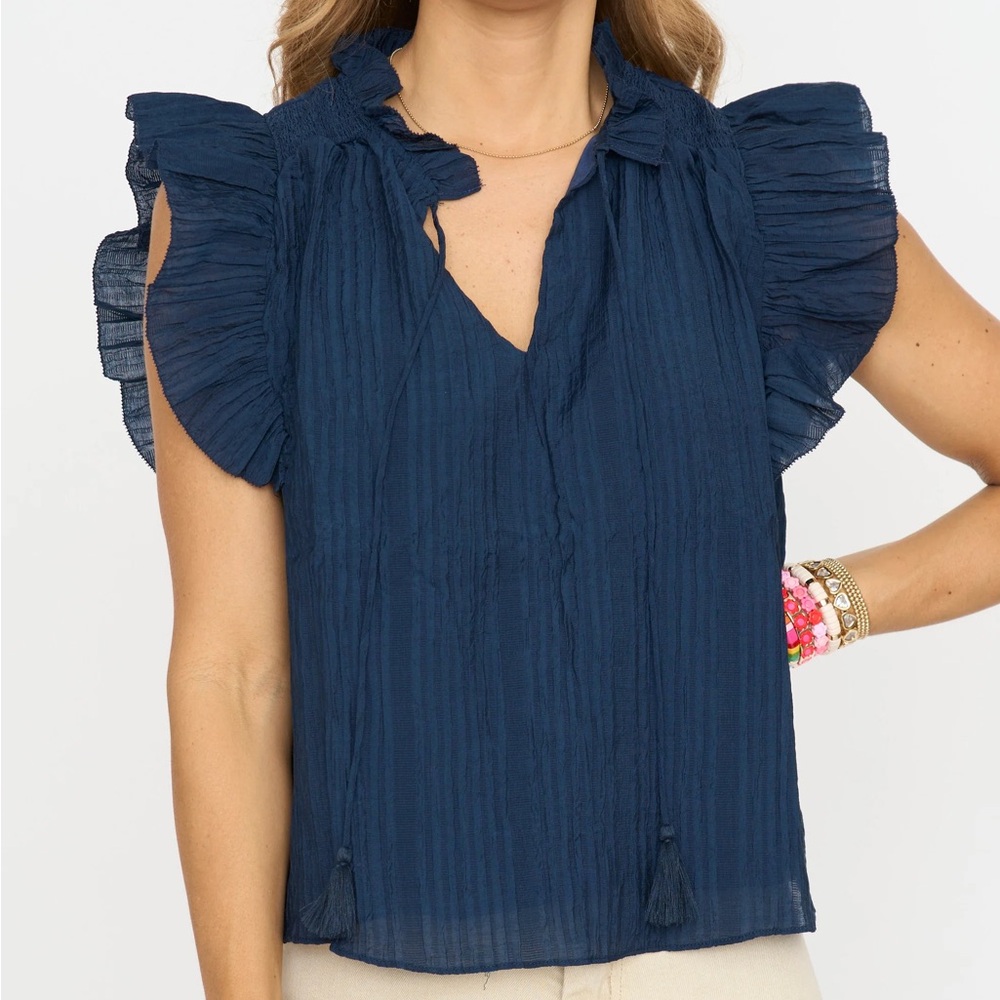 “Oliviaceous” Navy Ruffle Sleeve Top